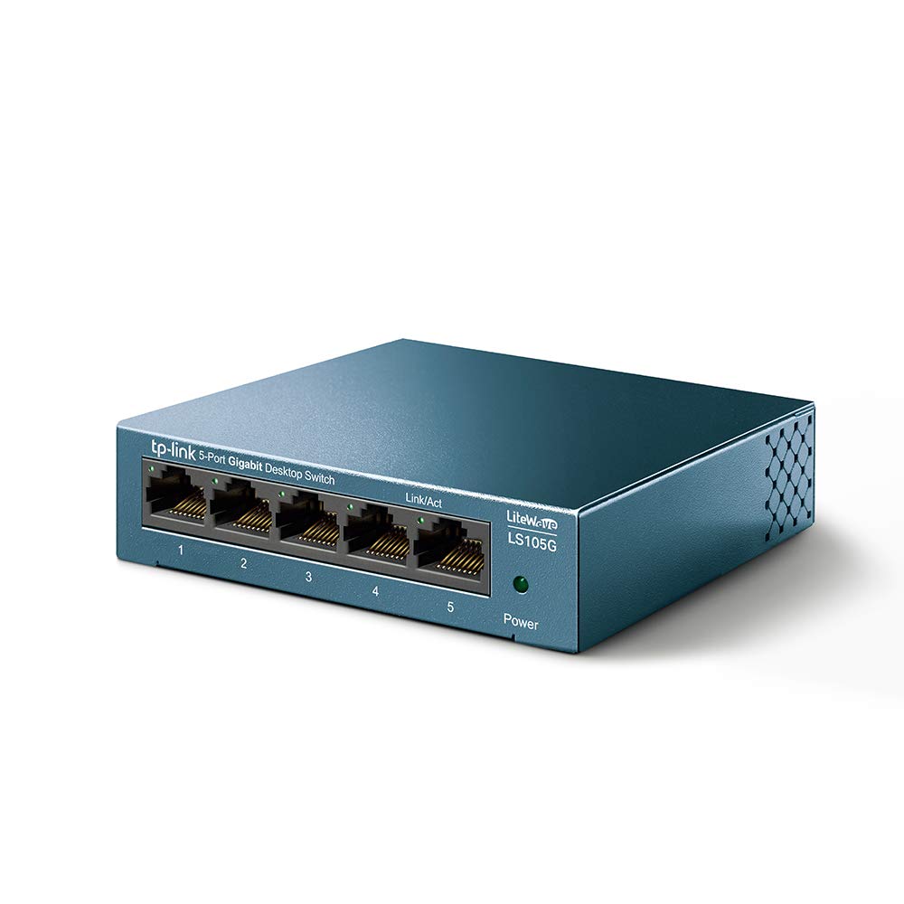 TP-Link LS105G 5-Ports Gigabit Netzwerk Switch (5 RJ-45 Lan Ports, robustes Metallgehäuse, 802.1P/DSCP QoS, Plug-and-Play, lüfterlos) blau metallic