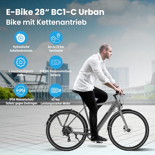 AsVIVA E-Bike BC1-C 28 Zoll – Pedelec Elektrofahrrad mit 250W Bafang Heckmotor, 10,5Ah Akku, 7-Gang Kettenschaltung, hydraulische Scheibenbremsen, LED-Beleuchtung, USB-Ladefunktion