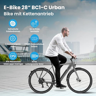 AsVIVA E-Bike BC1-C 28 Zoll – Pedelec Elektrofahrrad mit 250W Bafang Heckmotor, 10,5Ah Akku, 7-Gang Kettenschaltung, hydraulische Scheibenbremsen, LED-Beleuchtung, USB-Ladefunktion