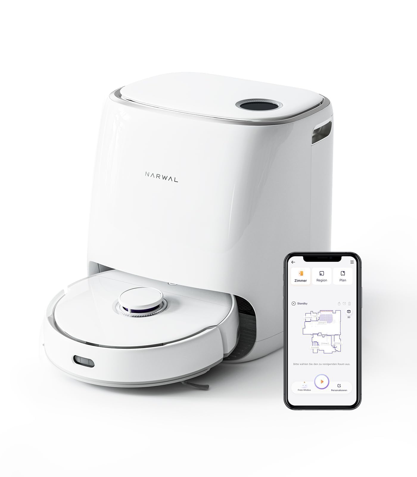 NARWAL Freo Saugroboter mit Wischfunktion und automatischer Dockingstation (Freo-Modus und DirtSense-Schmutzerkennung, rotierende Mopps, Smart-Swing Randreinigung, Heißlufttrocknung)