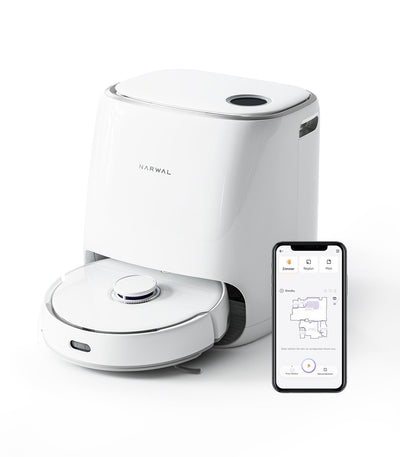NARWAL Freo Saugroboter mit Wischfunktion und automatischer Dockingstation (Freo-Modus und DirtSense-Schmutzerkennung, rotierende Mopps, Smart-Swing Randreinigung, Heißlufttrocknung)