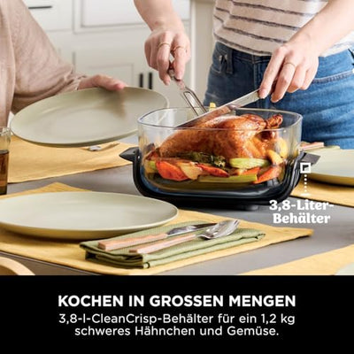 Ninja CRISPi tragbare Airfryer Heißluftfritteuse, 3,8 l, 4-in-1: Heißluftfrittieren, Braten, Warmhalten, Recrisp, kompakt, 6 Portionen, 2x herausnehmbare Glasbehälter & Deckel, 1700 W, Sage FN101EUSG