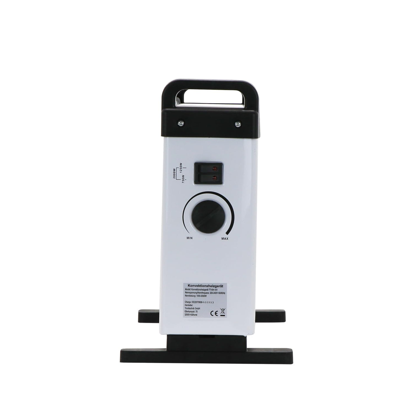 Tronitechnik® Elektroheizer Konvektor Heizgerät Heizkörper mit 3 Leistungsstufen 750/1250/2000 Watt, mobil mit Tragegriff, Timer und Thermostatsteuerung, Überhitzungsschutz, freistehend, weiß