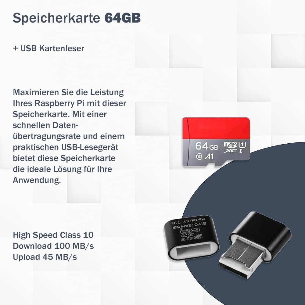 Raspberry Pi 5 8GB PCIe M.2 NVMe - Kit | Metallgehäuse | Active Cooler | M.2 NVMe SSD PCIe Board | USB-C 27W Netzteil | 64GB SD Karte | 4K Micro HDMI Kabel