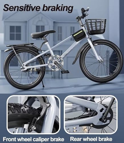 LSQXSS Mountainbike für Jugendliche, Fahrrad mit Einer Geschwindigkeit, Vorder- und Hinterradbremsen, Stadtrad, höhenverstellbarer Sattel, Komfortables Cruiser-Bike mit Gepäckträger hinten