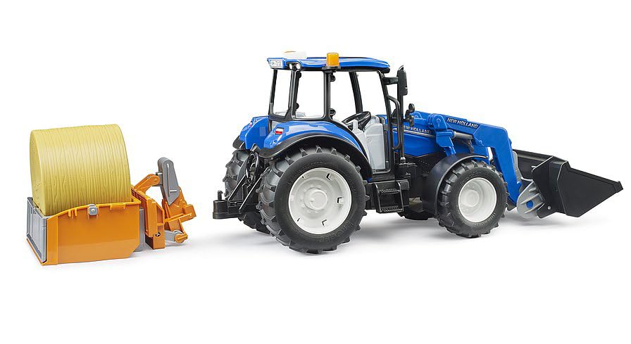 bruder 02187 - New Holland T5.120 mit Frontlader, Ladekasten, Gabeln und Rundballen - 1:16 Traktor, Fahrzeuge, Bauernhof, Bulldog