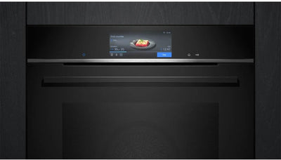 Siemens HB778G3B1,Q700 Smarter Einbau-Backofen, 60 x 60 cm, Made in Germany, Pyrolyse & Hydrolyse Selbstreinigung, Bratenthermometer, Air Fry, Backautomatik, Farbiger Touchscreen, 4D Heißluft, Schwarz