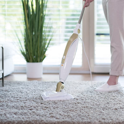 LIVINGTON Prime Steam Mop – Dampfbesen mit Knickgelenk für schwer erreichbare Stellen – vielseitiger Dampfreiniger zur Reinigung von Böden, Polstern und mehr - für schonende Bodenreinigung