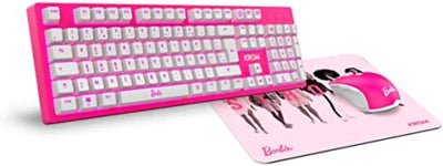 KROM Maus und -Mausunterlage Barbie Edition Kandy - Weiße LED-Membrantastatur, Maus optischem Sensor 6400 DPI, Mause-Matte hat eine Gummibasis, Französisch Layout, pink