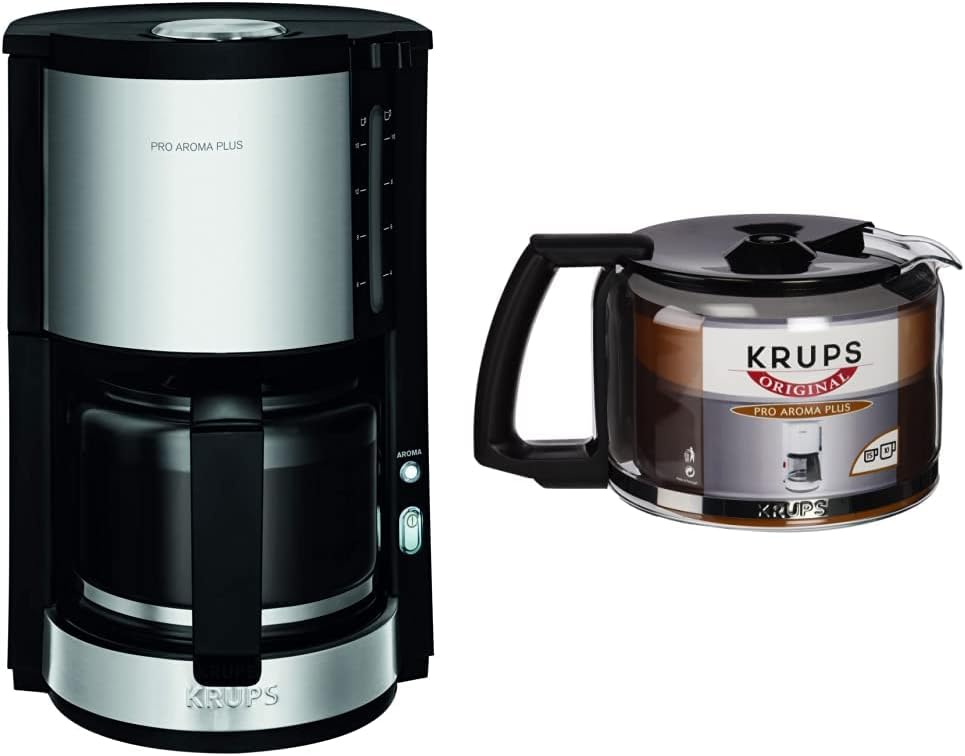 Krups KM321 Proaroma Plus Glas-Kaffeemaschine, 10 Tassen, 1100 W, modernes Design, schwarz mit Edelstahlapplikationen & F03442 Glaskrug Espresso-/Kaffeemaschinenzubehör mit Deckel, 10 Tassen, schwarz