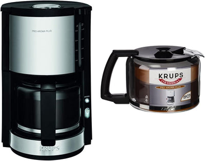 Krups KM321 Proaroma Plus Glas-Kaffeemaschine, 10 Tassen, 1100 W, modernes Design, schwarz mit Edelstahlapplikationen & F03442 Glaskrug Espresso-/Kaffeemaschinenzubehör mit Deckel, 10 Tassen, schwarz