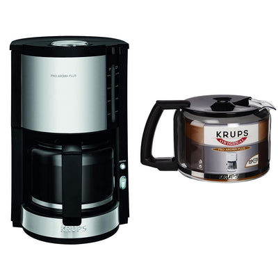 Krups KM321 Proaroma Plus Glas-Kaffeemaschine, 10 Tassen, 1100 W, modernes Design, schwarz mit Edelstahlapplikationen & F03442 Glaskrug Espresso-/Kaffeemaschinenzubehör mit Deckel, 10 Tassen, schwarz