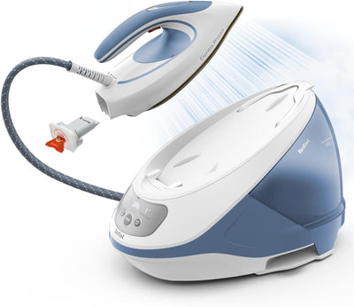 Tefal Dampfbügelstation Express Protect SV9202|7,5 bar|Dampfstoß:520 g/Min.|Dauerdampfmenge:130 g/Min.|Anti-Kalk-Kollektor|Durilium AirGlide Autoclean-Bügelsohle|2600w|1.8L|39.8x24.3x29.4cm|Weiß/Blau