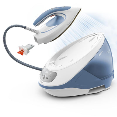 Tefal Dampfbügelstation Express Protect SV9202|7,5 bar|Dampfstoß:520 g/Min.|Dauerdampfmenge:130 g/Min.|Anti-Kalk-Kollektor|Durilium AirGlide Autoclean-Bügelsohle|2600w|1.8L|39.8x24.3x29.4cm|Weiß/Blau