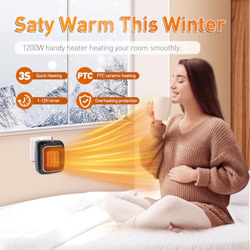 Steckdosen Heizlüfter mit Fernbedienung,Mini Keramik Heizlüfter Bad Energiesparend Leise Heizung1200W Heizstrahler mit 12h Timer Thermostat Überhitzungsschutz für Schlafzimmer Büro