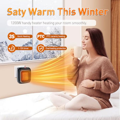 Steckdosen Heizlüfter mit Fernbedienung,Mini Keramik Heizlüfter Bad Energiesparend Leise Heizung1200W Heizstrahler mit 12h Timer Thermostat Überhitzungsschutz für Schlafzimmer Büro