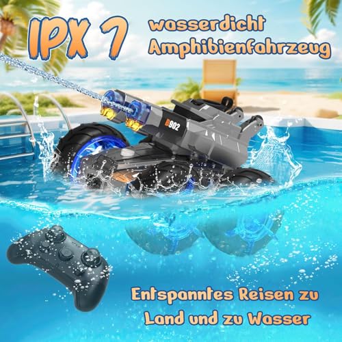 funnykid 3-in-1 RC Panzer 4WD Amphibienfahrzeug mit Wasserkanonen, LED-Lichtern & 2 Akkus (45+ Min Laufzeit) – Ferngesteuertes Auto für Kinder 6 7 8 9 10 11 12, Geländewagen für Land & Wasser