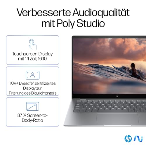 HP OmniBook X Next Gen AI Laptop | Qualcomm Snapdragon X Elite X1E-78-100 (12C) mit dedizierte NPU für KI | 45 NPU TOPS | Copilot+ PC | 14" 2,2K Touchscreen | 16 GB RAM | 1TB SSD | Win11 | Silber