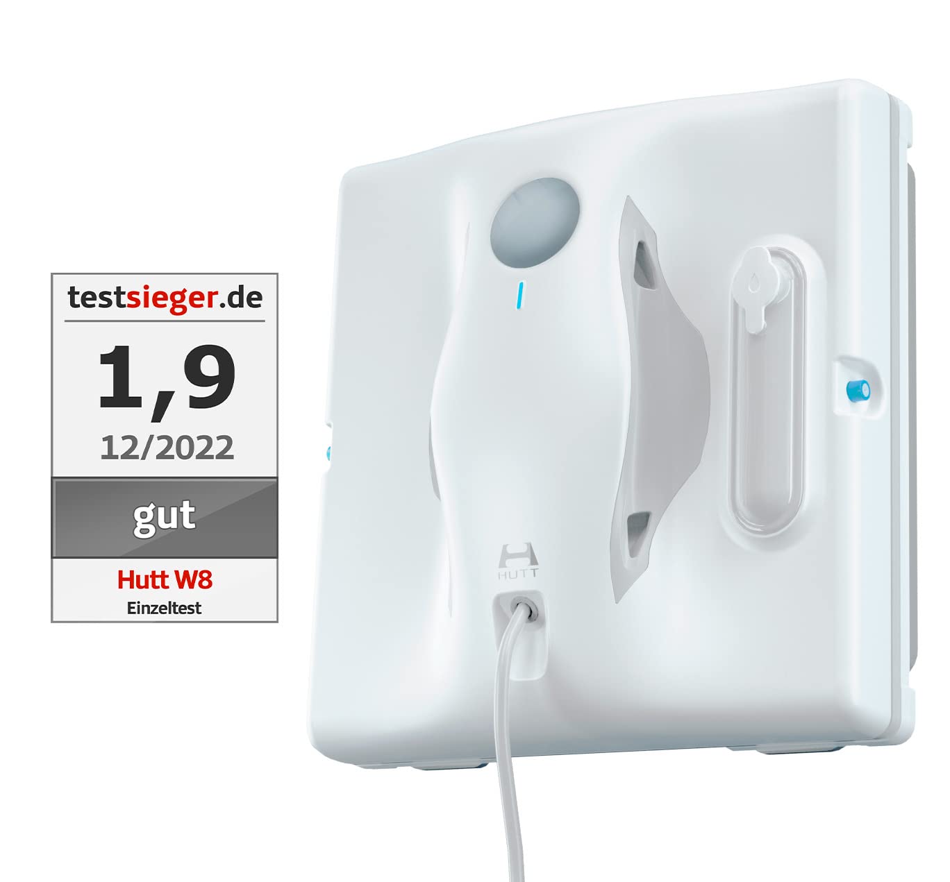 Hutt W8 Fensterputzroboter mit 2-Fach Sprühsystem (80ml Tank, max 3800Pa Saugleistung, Kanten- und Hinderniserkennung, Für Glas, Fliesen, Wintergärten, Spiegel etc, Sicherungsseil, 4x Reinigungstuch)