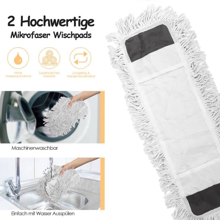 Myiosus Bodenwischer, Wischmopp groß, 60cm Breit wischer Boden, Industrieller Mop mit 126cm Edelstahl Teleskopstiel, 360° drehbarer Flachmopp für Hartholz Fliesen Marmor Laminat (2 Mikrofaser Pads)
