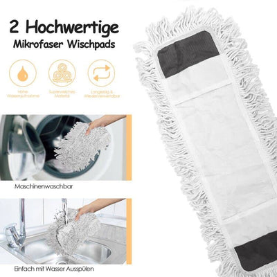 Myiosus Bodenwischer, Wischmopp groß, 60cm Breit wischer Boden, Industrieller Mop mit 126cm Edelstahl Teleskopstiel, 360° drehbarer Flachmopp für Hartholz Fliesen Marmor Laminat (2 Mikrofaser Pads)