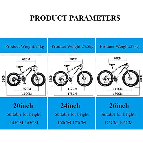 Wmmner Mountainbike, 20/24/26 Zoll, 7/21/24/27/30 Gänge, Erwachsene, Fat Tire Mountainbike, mit Rahmen aus Karbonstahl und Doppelscheibenbremse, Vorderradaufhängung