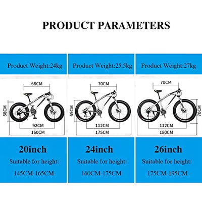 Wmmner Mountainbike, 20/24/26 Zoll, 7/21/24/27/30 Gänge, Erwachsene, Fat Tire Mountainbike, mit Rahmen aus Karbonstahl und Doppelscheibenbremse, Vorderradaufhängung