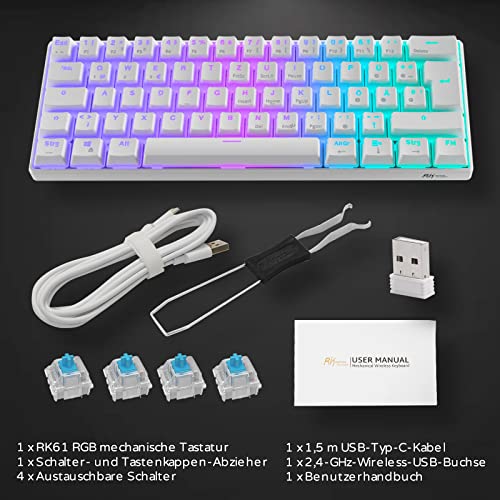 RK61 Mechanische Gaming-Tastatur, 2,4 GHz Wireless/Bluetooth/Wired 60% Mechanische Tastatur 61 Tasten Hot-Swap-fähiger Blauer Schalter mit RGB-Beleuchtung Kompatibel für Win/Mac, Weiß (QWERTZ)
