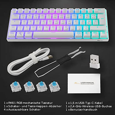 RK61 Mechanische Gaming-Tastatur, 2,4 GHz Wireless/Bluetooth/Wired 60% Mechanische Tastatur 61 Tasten Hot-Swap-fähiger Blauer Schalter mit RGB-Beleuchtung Kompatibel für Win/Mac, Weiß (QWERTZ)