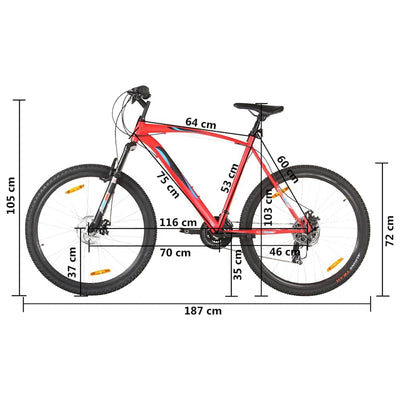 vidaXL Mountainbike 21 Gang 29 Zoll Rad mit Kettenwechsler Scheibenbremsen Schnellspann-Sattelstützenklemme Fahrrad Sportfahrrad 53cm Rahmen Rot