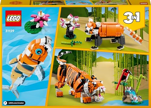 LEGO 31129 Creator Majestätischer Tiger, Panda oder Fisch, 3-in-1 Tierfiguren-Set, Spielzeug für Kinder, Jungen und Mädchen, Konstruktionsspielzeug mit Tieren