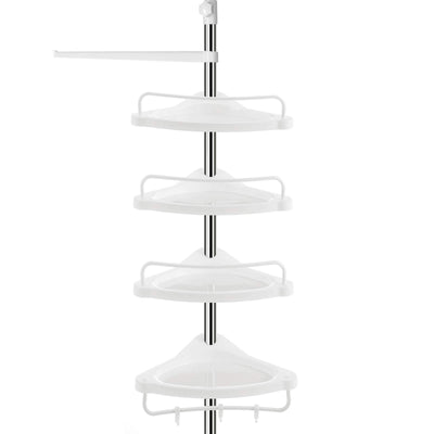 SONGMICS Duschregal höhenverstellbar, Eckregal fürs Badezimmer, Badregal, 95-300 cm, Boden bis Decke, Edelstahl, 4 Ablagen, 3 Haken, 1 Handtuchhalter, weiß-silbern BCB02SW