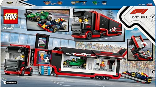 LEGO City F1 Transporter mit RB20 & AMR24 F1 Rennautos - Spielzeug Autotransporter für Red Bull & Aston Martin Formel 1 Teams - Inkl. 5 Minifiguren - Geschenk für Jungen & Mädchen ab 8 Jahren 60445