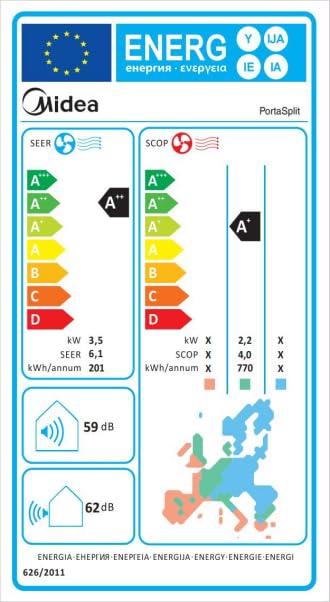 Midea Portasplit Klimaanlage, 4-in-1 Mobile Klimaanlage,Kühlen, Heizen, Entfeuchten, Ventilieren, Kühlen A++/Heizen A+, 12000 BTU 3, 5kW, für Räume bis zu 42 m² / 105 m³,nur 39 dB(A) im Silent-Modus