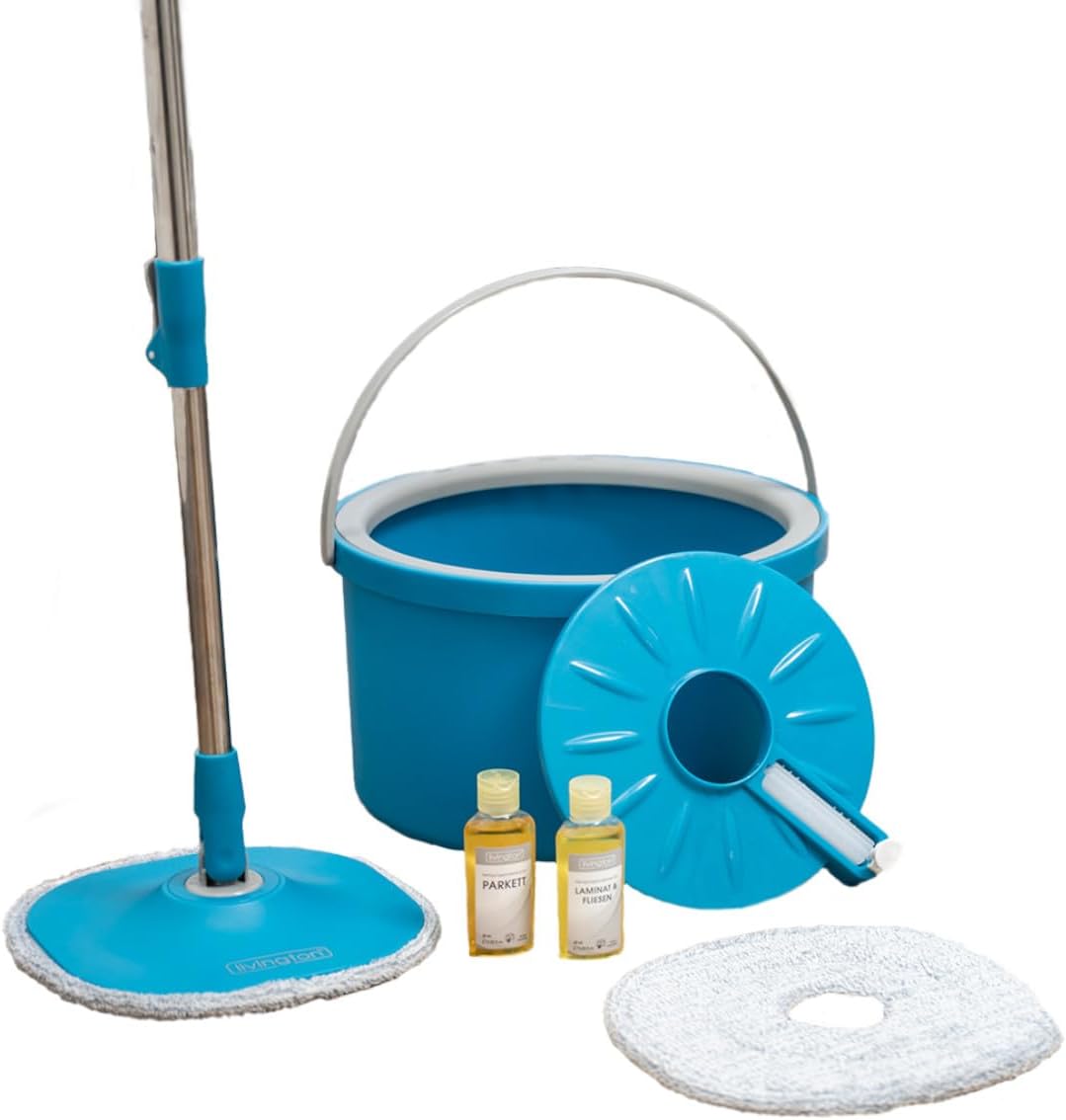 LIVINGTON Clean Water Spin Mop - Wischmop Set mit Zwei-Kammer-Filtersystem - trennt Schmutzwasser von Frischwasser - Bodenwischer für jeden Boden - mit Neuer 135cm Langer Stange - Auswringfunktion