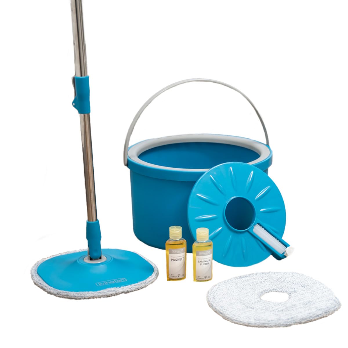 LIVINGTON Clean Water Spin Mop - Wischmop Set mit Zwei-Kammer-Filtersystem - trennt Schmutzwasser von Frischwasser - Bodenwischer für jeden Boden - mit Neuer 135cm Langer Stange - Auswringfunktion