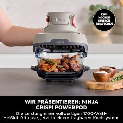 Ninja CRISPi tragbare Airfryer Heißluftfritteuse, 3,8 l, 4-in-1: Heißluftfrittieren, Braten, Warmhalten, Recrisp, kompakt, 6 Portionen, 2x herausnehmbare Glasbehälter & Deckel, 1700 W, Stein FN101EUST