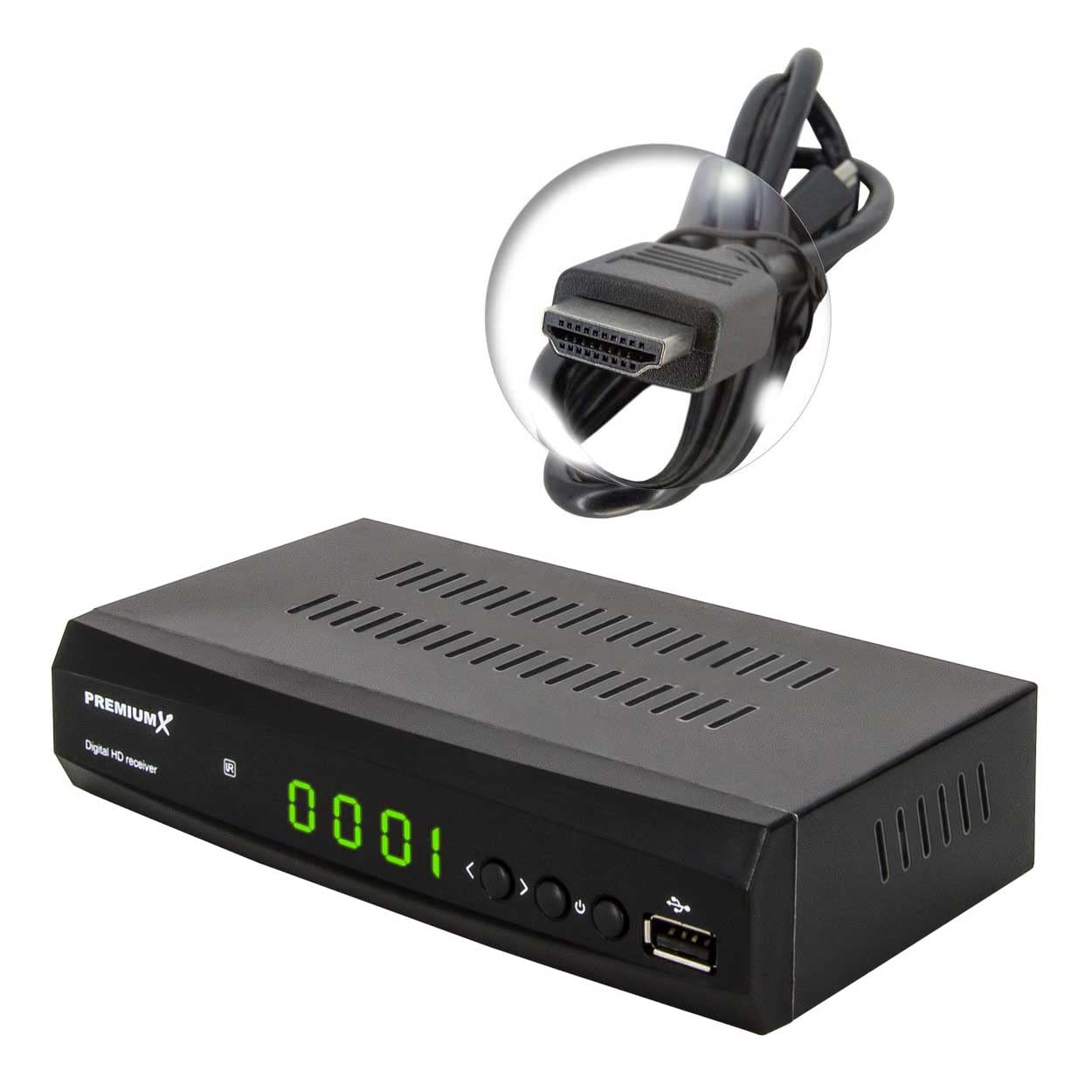 PremiumX Satelliten-Receiver HD 521 FTA Digital SAT TV-Receiver DVB-S2 FullHD HDMI SCART 2X USB Multimedia-Player, 12V Externe Netzteil