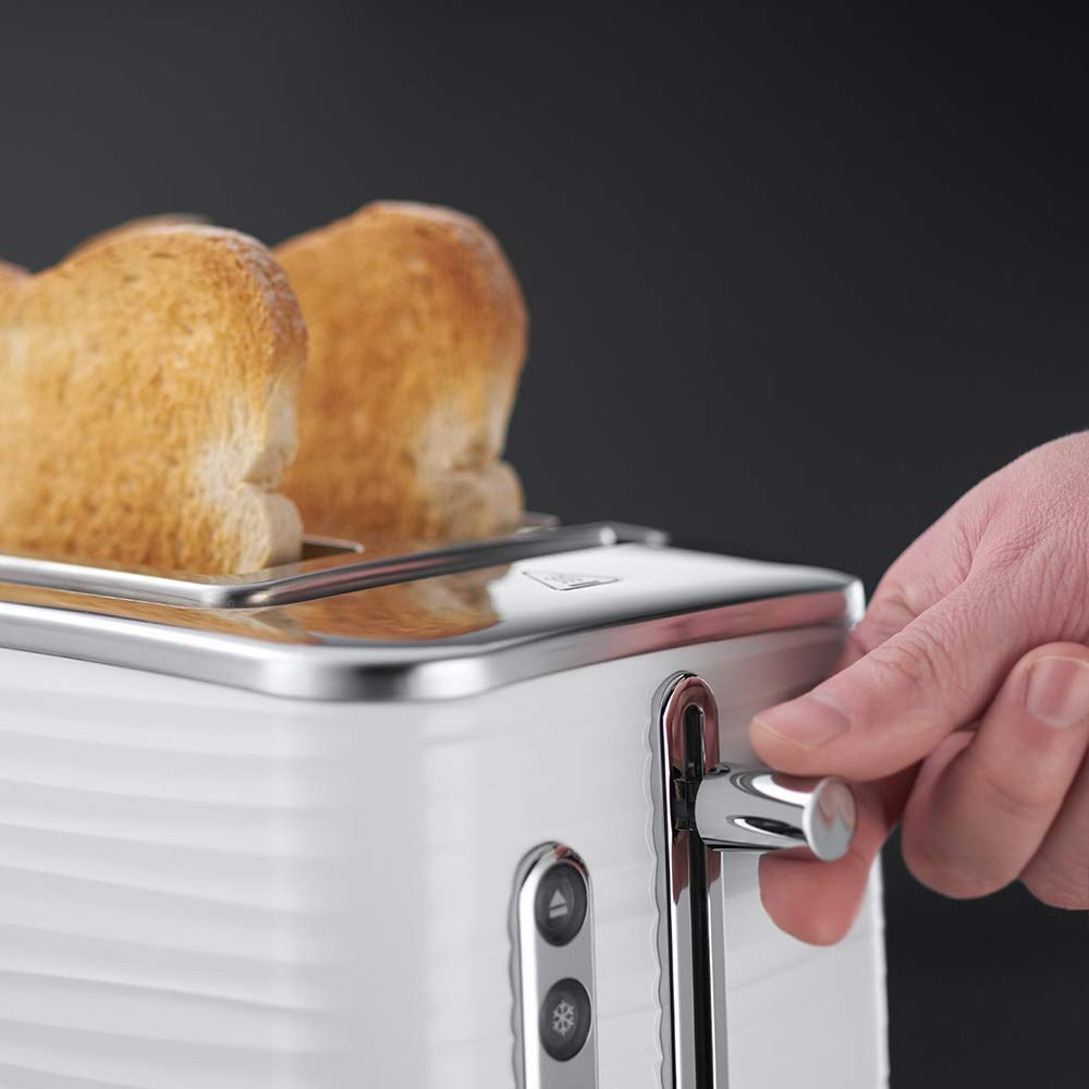 Russell Hobbs Toaster [für 2 Scheiben] Inspire Weiss mit hochwertiger Hochglanz-Struktur (extra breite Toastschlitze, inkl. Brötchenaufsatz, 6 Bräunungsstufen + Auftau- & Aufwärmfunktion) 24370-56