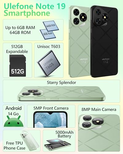 Ulefone Note 19 Smartphone Ohne Vertrag, 6GB + 64GB /512GB TF Handy Günstig, 6.56 Zoll HD+ Android 14 Smartphone, 5000mAh Batterie 8MP Kamera Simlockfreie Handy, 4G Dual SIM/Face ID/GPS-Grün