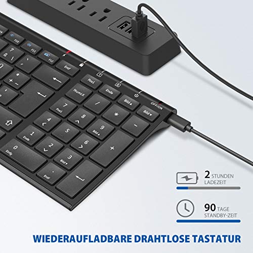 iClever Kabellose Tastatur, wiederaufladbare 2,4 GHz Funk Tastatur, Deutsches QWERTZ Layout, für Computer/Desktop/PC/Laptop/Chrome OS und Windows 10/8/7, Schwarz