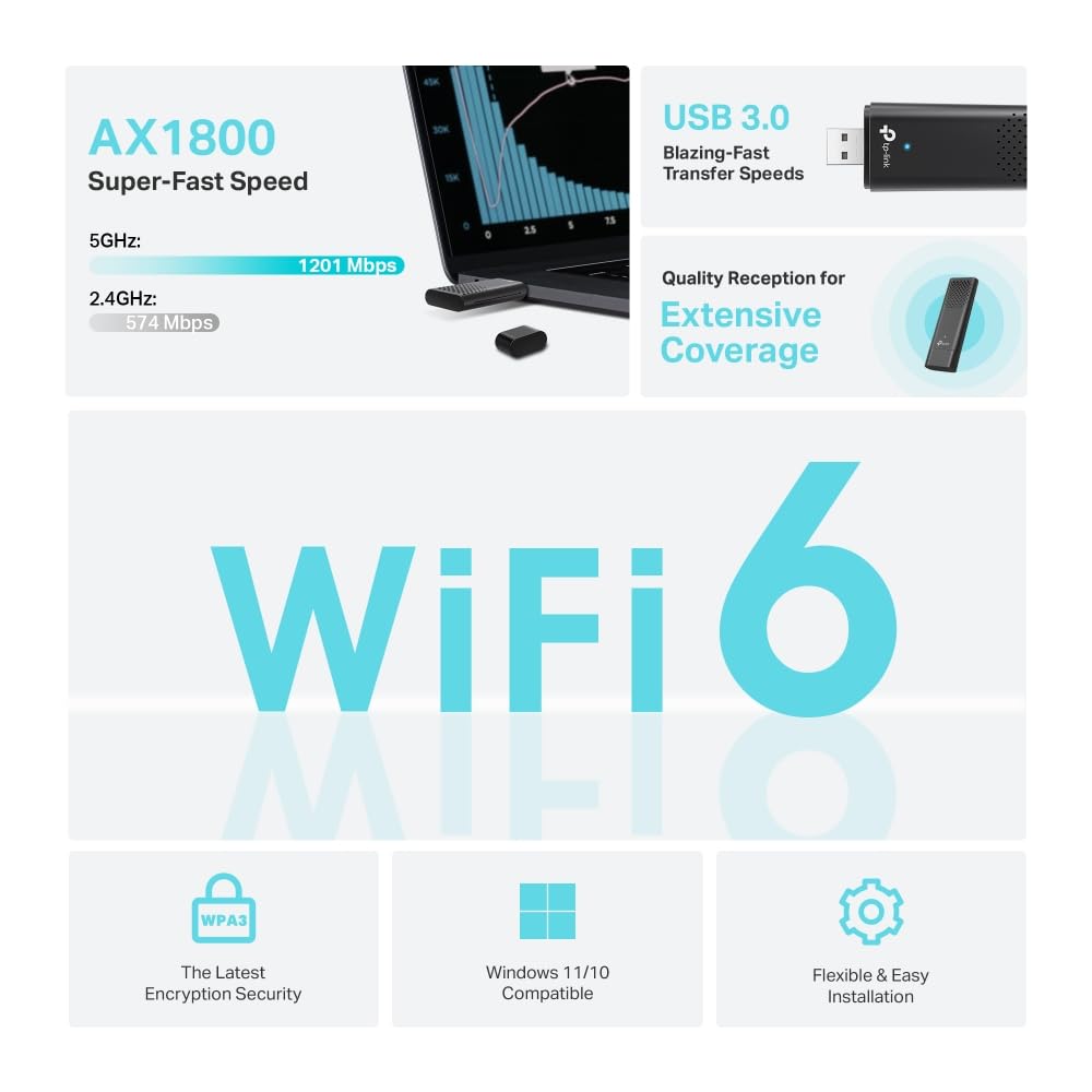 TP-Link Archer TX20U WLAN Stick Für PC, 𝐖𝐢𝐅𝐢 𝟔 AX1800 Dual Band, nur Kompatibel mit Windows 11/10, USB 3.0, MU-MIMO, OFDMA, WPA3-Verschlüsselung