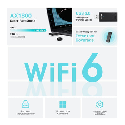 TP-Link Archer TX20U WLAN Stick Für PC, 𝐖𝐢𝐅𝐢 𝟔 AX1800 Dual Band, nur Kompatibel mit Windows 11/10, USB 3.0, MU-MIMO, OFDMA, WPA3-Verschlüsselung