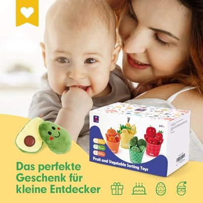 hahaland Baby Spielzeug 6 Monate,Obst und Gemüse Plüsch Spielzeug(16PCS) mit Rassel & Knisterpapier,Fördert Sensorik & Motorik,Montessori Spielzeug ab 6 8 9 12 Monate Geschenk für Jungen Mädchen
