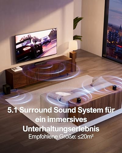 ULTIMEA 5.1 Surround Sound System, Soundbar für TV Geräte mit App Steuerung, Soundbar mit Subwoofer, 2 Surround Lautsprechern, Heimkino Soundsystem mit verstellbarem Bass, Bluetooth 5.3, Aura A30