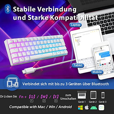 RK61 Mechanische Gaming-Tastatur, 2,4 GHz Wireless/Bluetooth/Wired 60% Mechanische Tastatur 61 Tasten Hot-Swap-fähiger Blauer Schalter mit RGB-Beleuchtung Kompatibel für Win/Mac, Weiß (QWERTZ)