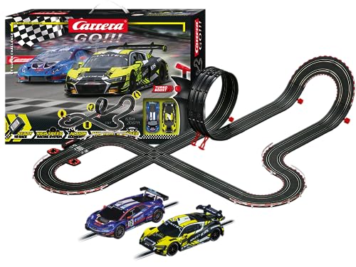Carrera - 20062563 - Go I GT Super Challenge I Detailgetreue Audi R8 LMS GT3 evo II und Lamborghini Huracán GT3 im Maßstab 1:43 I Actiongeladener Rennspaß mit Rundenzähler und herausfordernder Strecke