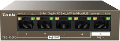 Tenda 5 Port PoE Switch ohne Netzteil, Gigabit PoE Powered Switch (1 PoE In & 4 PoE Out, Plug-and-Play PoE PD Switch, Lüfterlos, Metallgehäuse)(TEG1105PD)