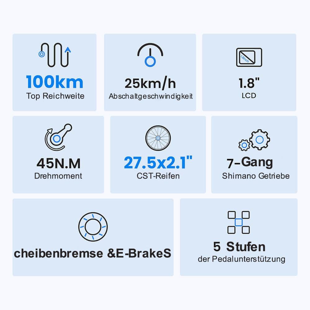 Touroll 27,5 Zoll E Bike, Elektrofahrrad E-Bike Herren Damen mit 36V 15.6Ah 561.6Wh Akku, Bis zu 100KM, 250W Motor, E-Fahrrad mit 7-Gang-Getriebe, Pedelec Citybike EBike für Trekking J1