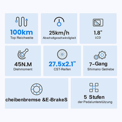 Touroll 27,5 Zoll E Bike, Elektrofahrrad E-Bike Herren Damen mit 36V 15.6Ah 561.6Wh Akku, Bis zu 100KM, 250W Motor, E-Fahrrad mit 7-Gang-Getriebe, Pedelec Citybike EBike für Trekking J1